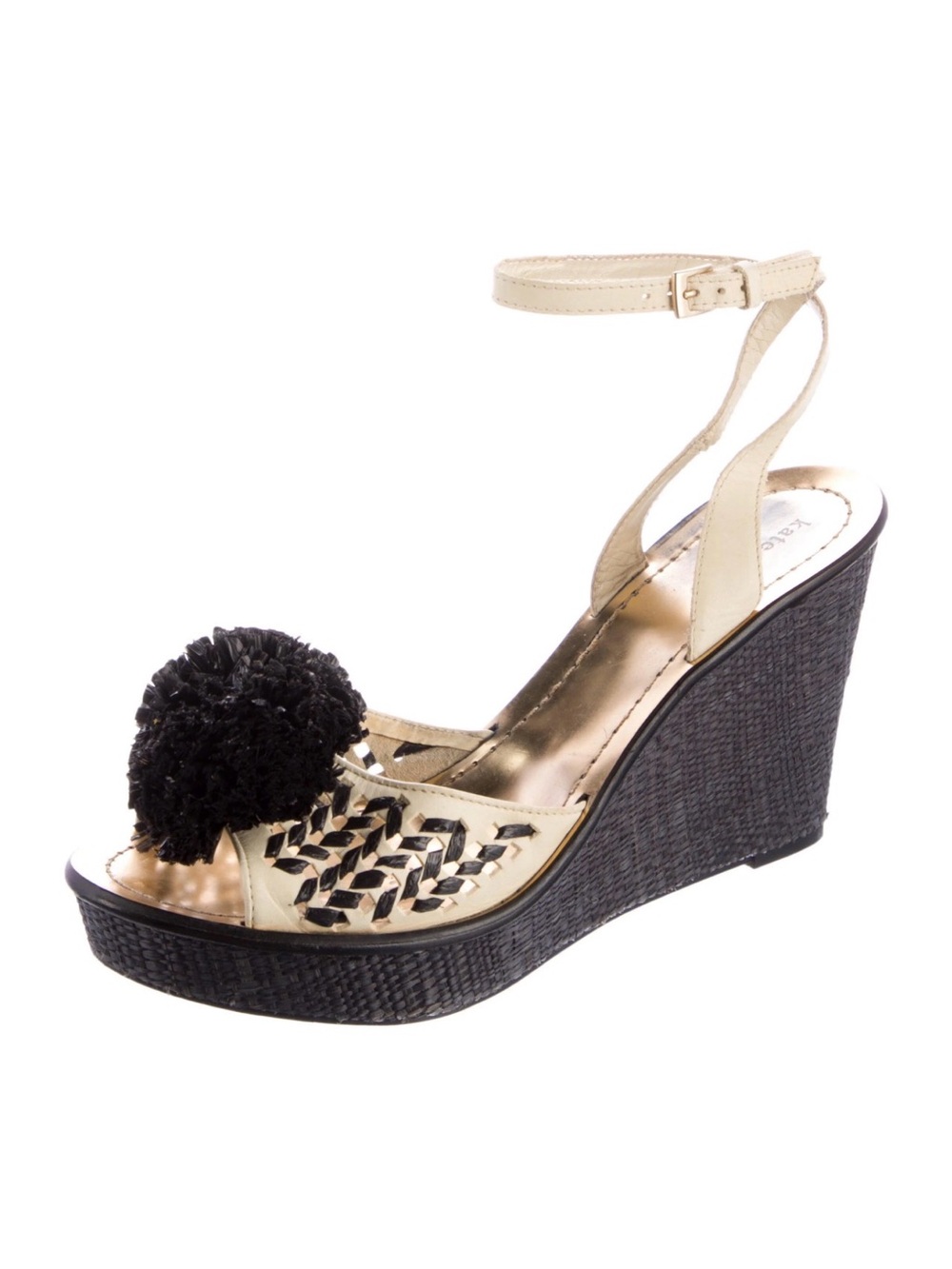 Kate Spade Woven Leather Wedge Espadrille Sandals with Black Pom Pom